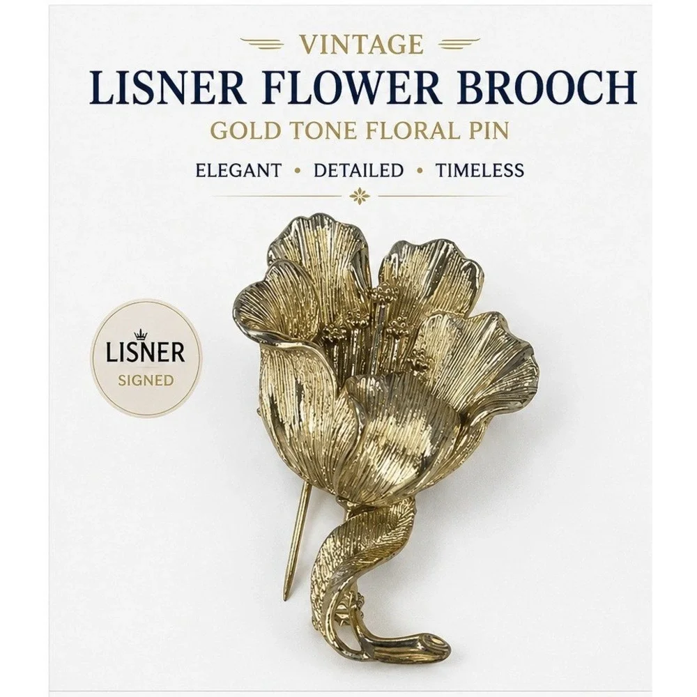 Vintage Lisner Flower Brooch Gold Tone Textured Floral Pin Signed Designer 2.25